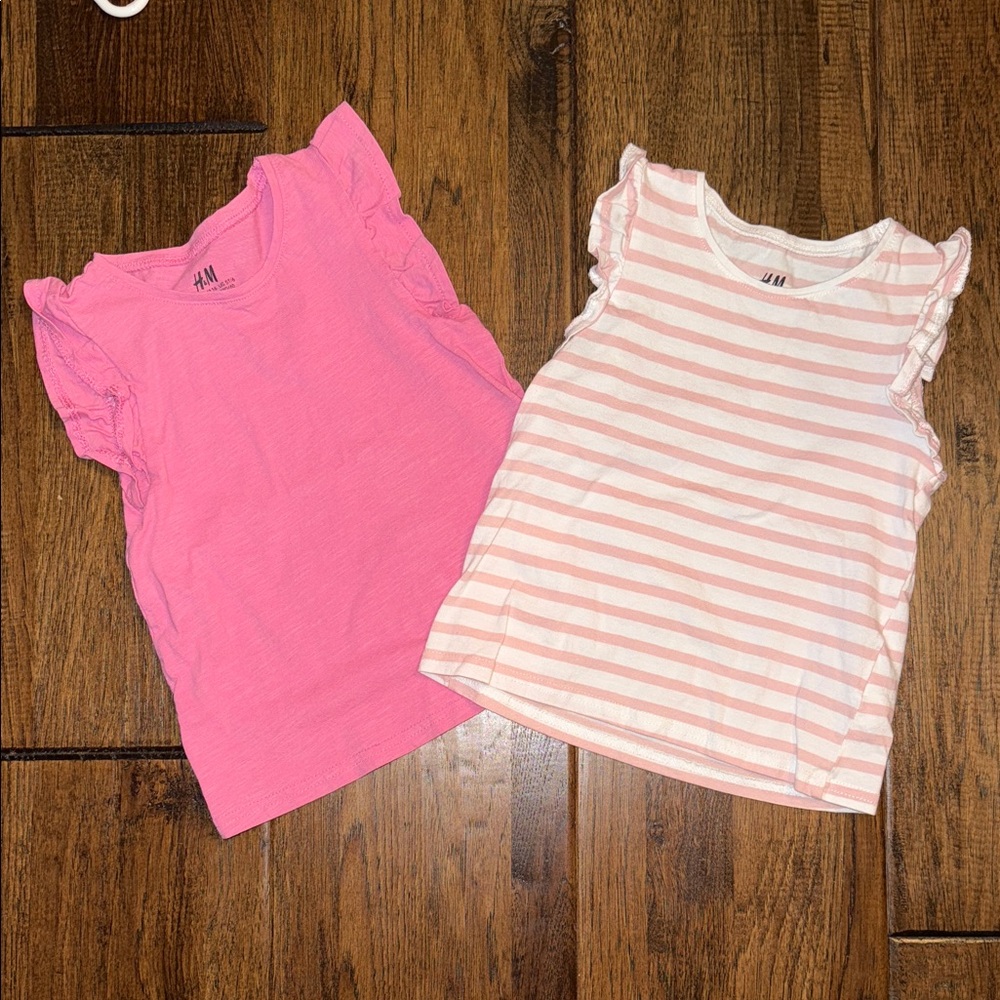 H&M Kids Pink Solid and Pink Striped Ruffle Sleeve Tees. Size 5/6. LIKE NEW.